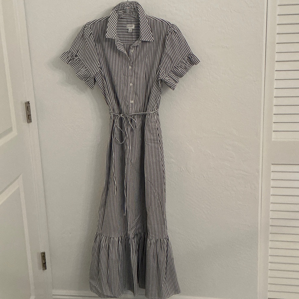 J. Crew Navy and White Striped Tie-Waist Maxi Shirt Dress